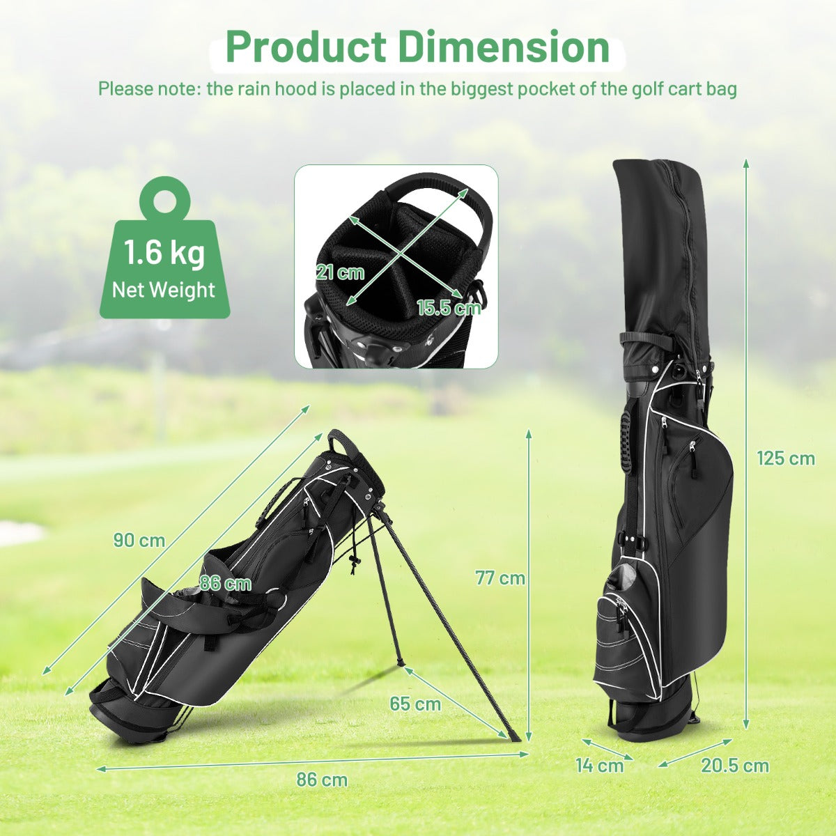 The golf bag shown with various dimensions and a weight label