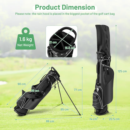 The golf bag shown with various dimensions and a weight label