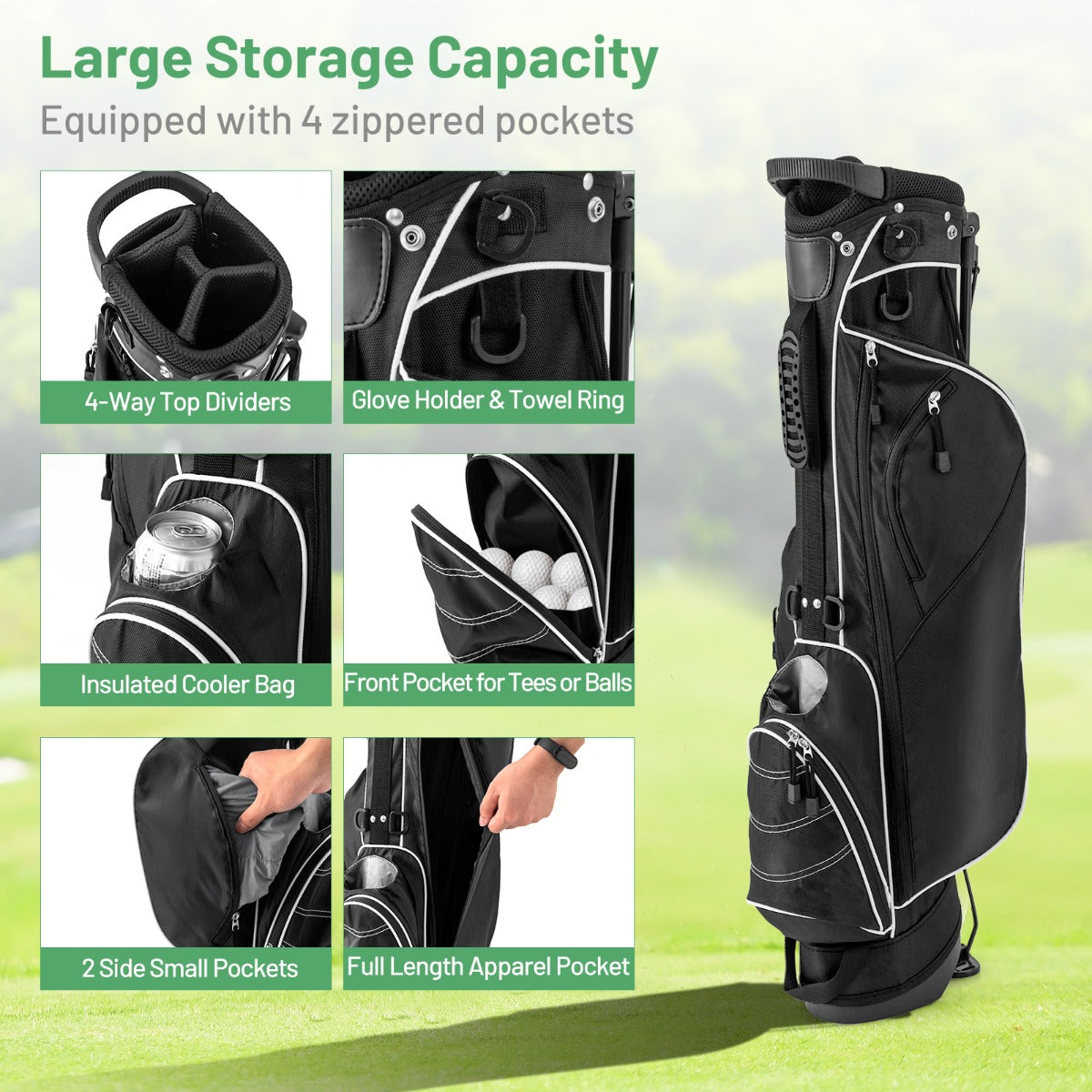 The golf bag with callouts showing its various storage pockets and rings