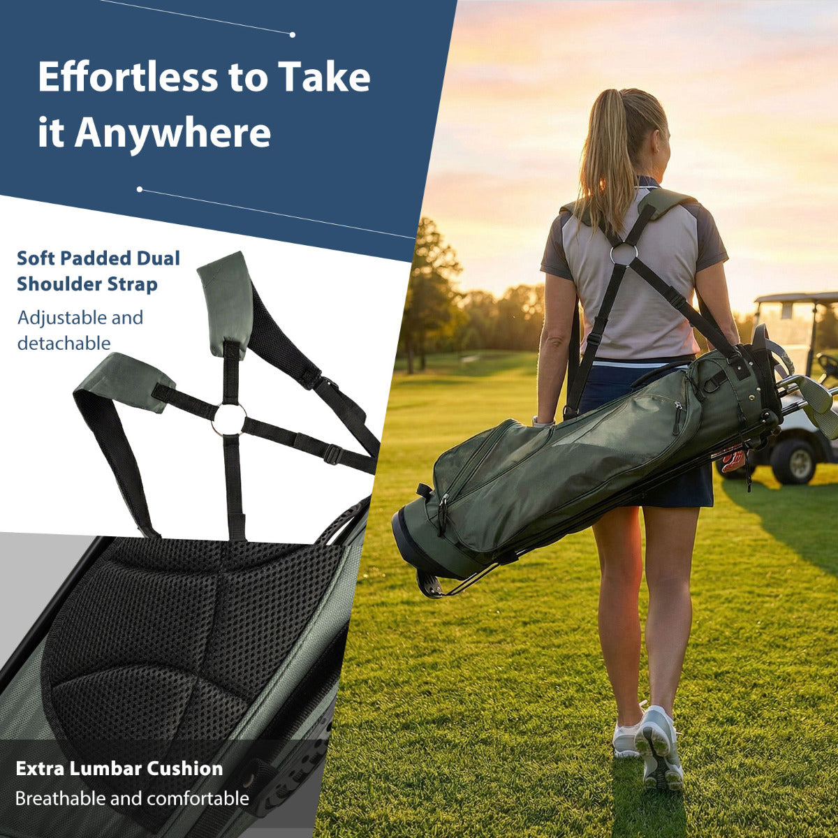 The golf stand bag being carried with a focus on the shoulder straps