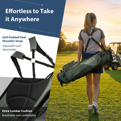 The golf stand bag being carried with a focus on the shoulder straps