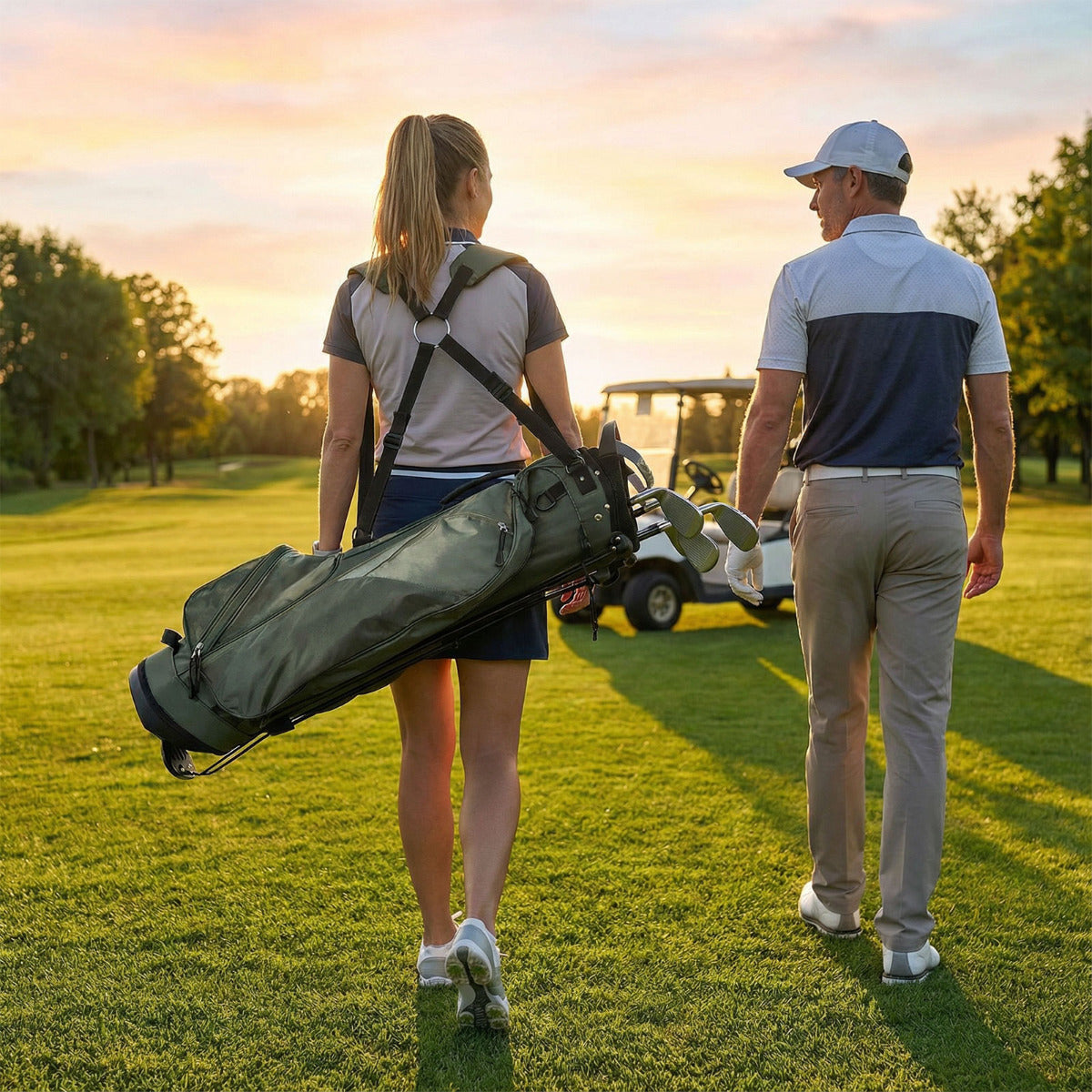 Couple walking on a golf course with the golf stand bag
