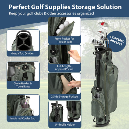 Features of the dark green golf stand bag including pockets and dividers