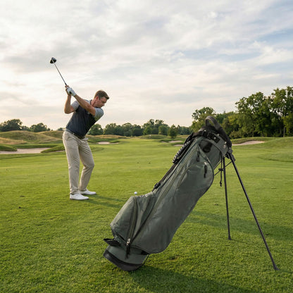 Man using the golf stand bag on a golf course