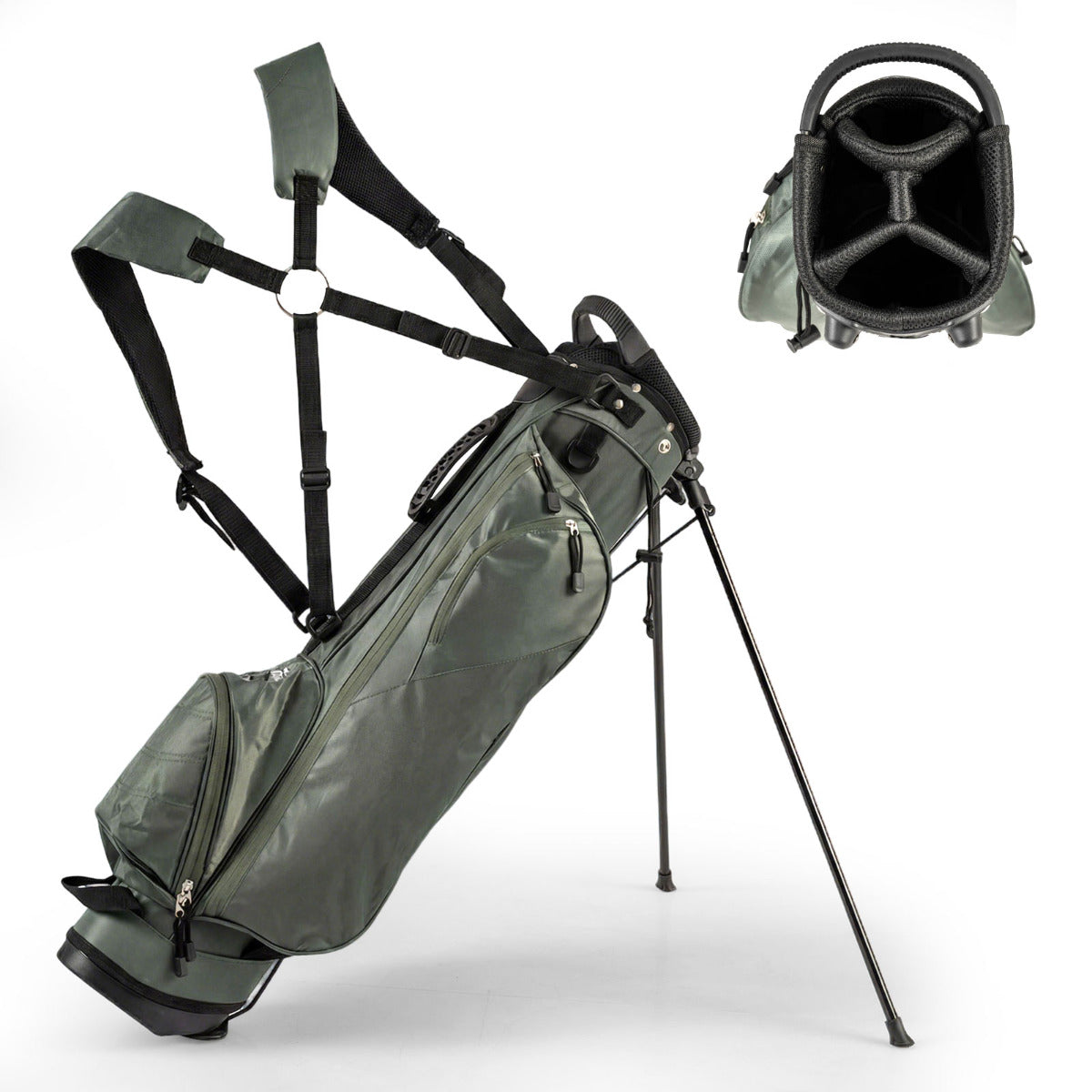 Golf Stand Bag with 4 Way Dividers in dark green, shown from the side with legs extended