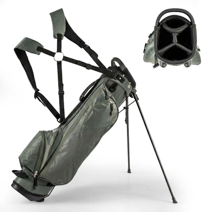 Golf Stand Bag with 4 Way Dividers in dark green, shown from the side with legs extended
