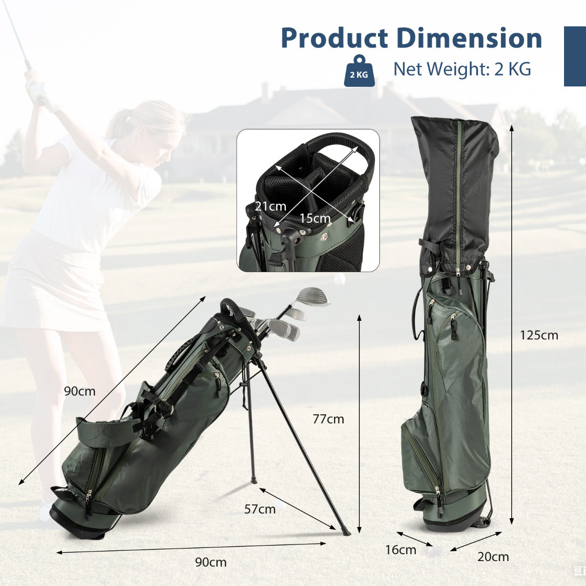 Dimensions of the dark green golf stand bag with clubs inside