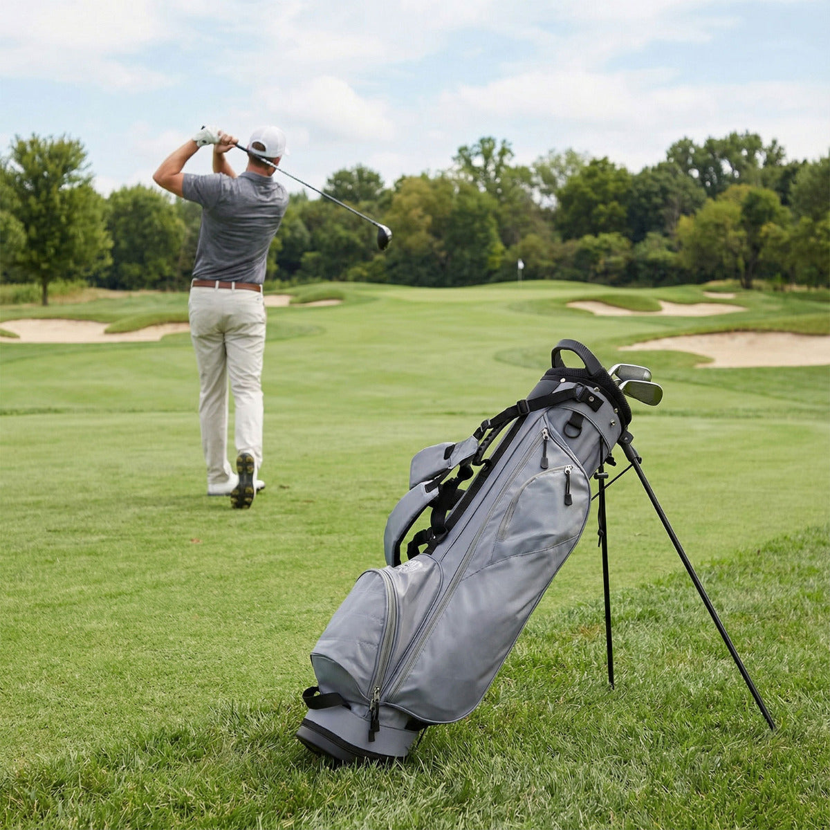 The golf bag standing on a green fairway while a golfer plays a shot in the background