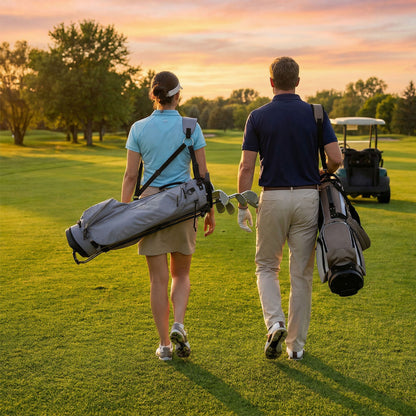 Two people walking across a golf course carrying the golf bag over their shoulders