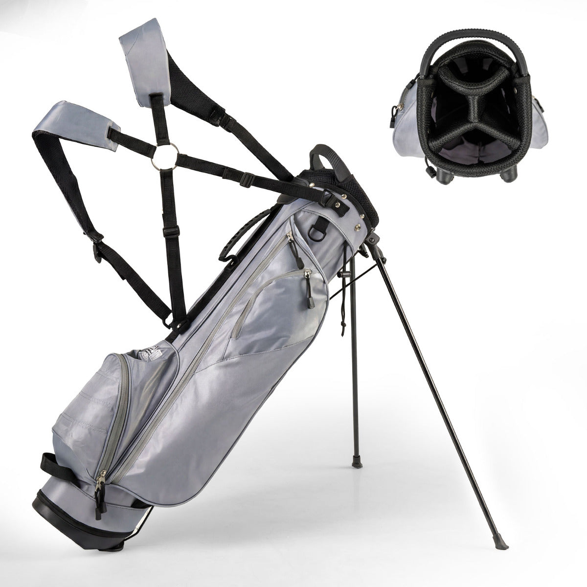 Golf Stand Bag with 4 Way Dividers shown from the side with the stand legs extended