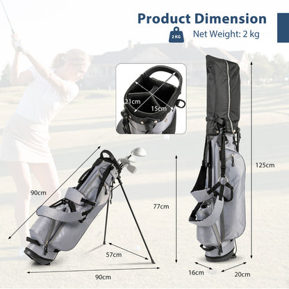 The golf bag with various measurements and dimensions shown on a diagram