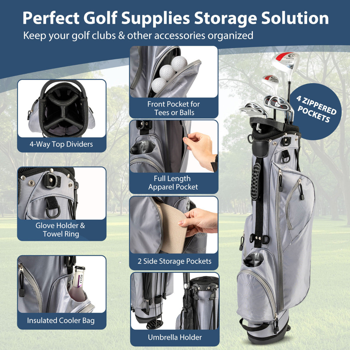 The golf bag showing various storage pockets and compartments for accessories