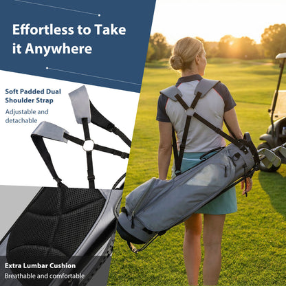 The golf bag being carried by a woman showing the padded shoulder straps and back cushion