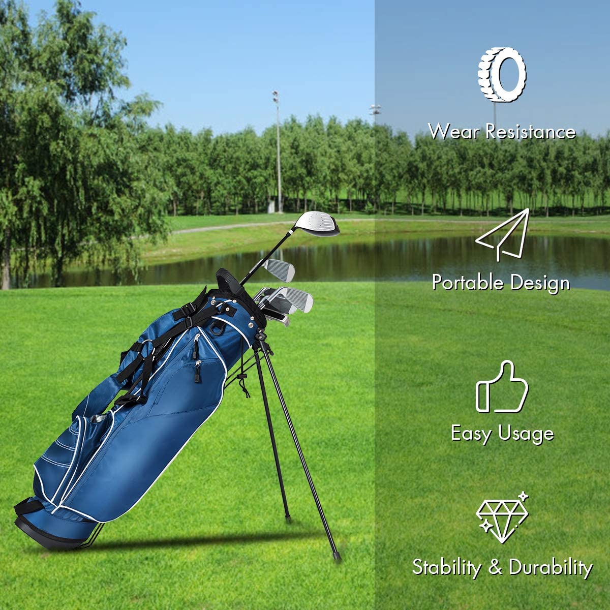 The navy golf stand bag with text overlays highlighting features