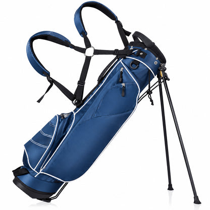 Golf Stand Bag with 4 Way Dividers in navy blue with white trim, shown with straps and legs extended