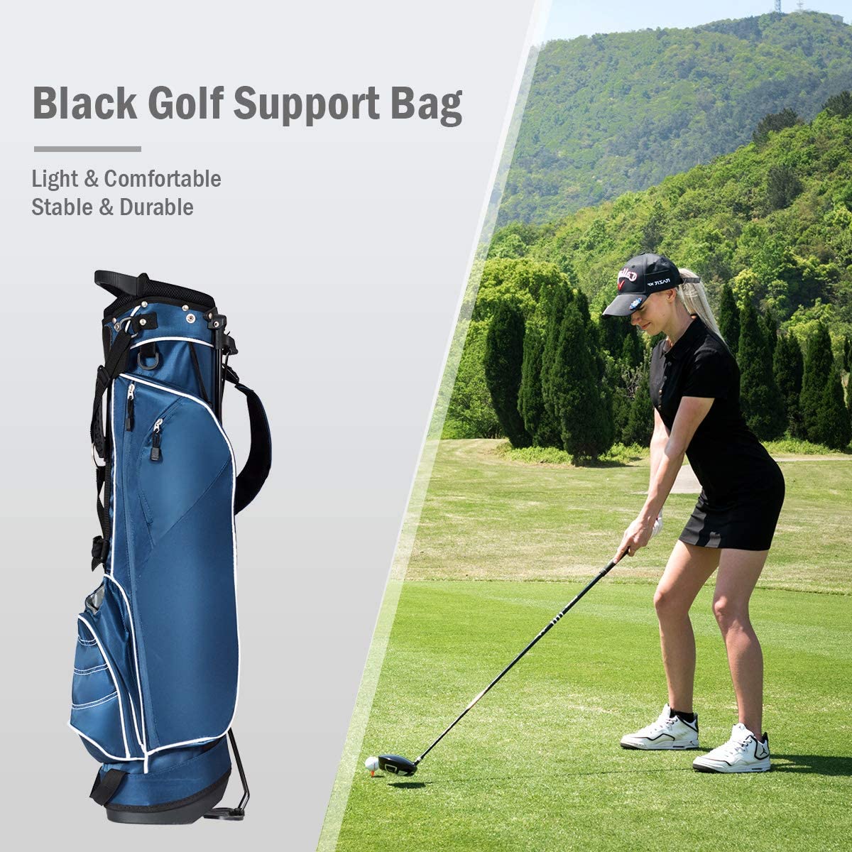 The navy golf stand bag with a woman playing golf in the background