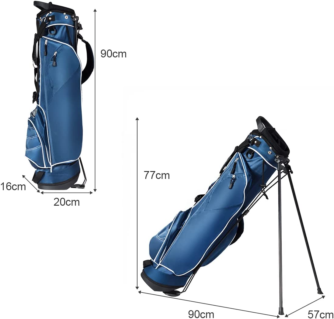 The navy golf stand bag with dimensions shown in a diagram