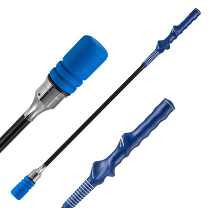 blue golf practice aid showing the ergonomic grip and the foam weighted head in two positions