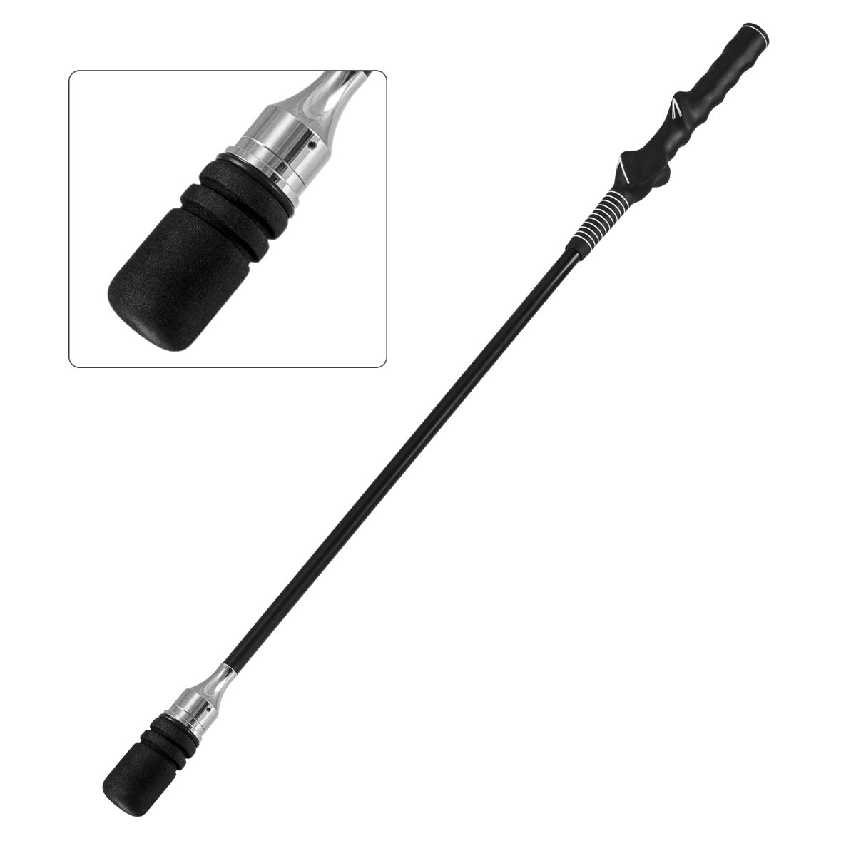 Golf Swing Trainer with click sound and weight, showing the grip and weighted end