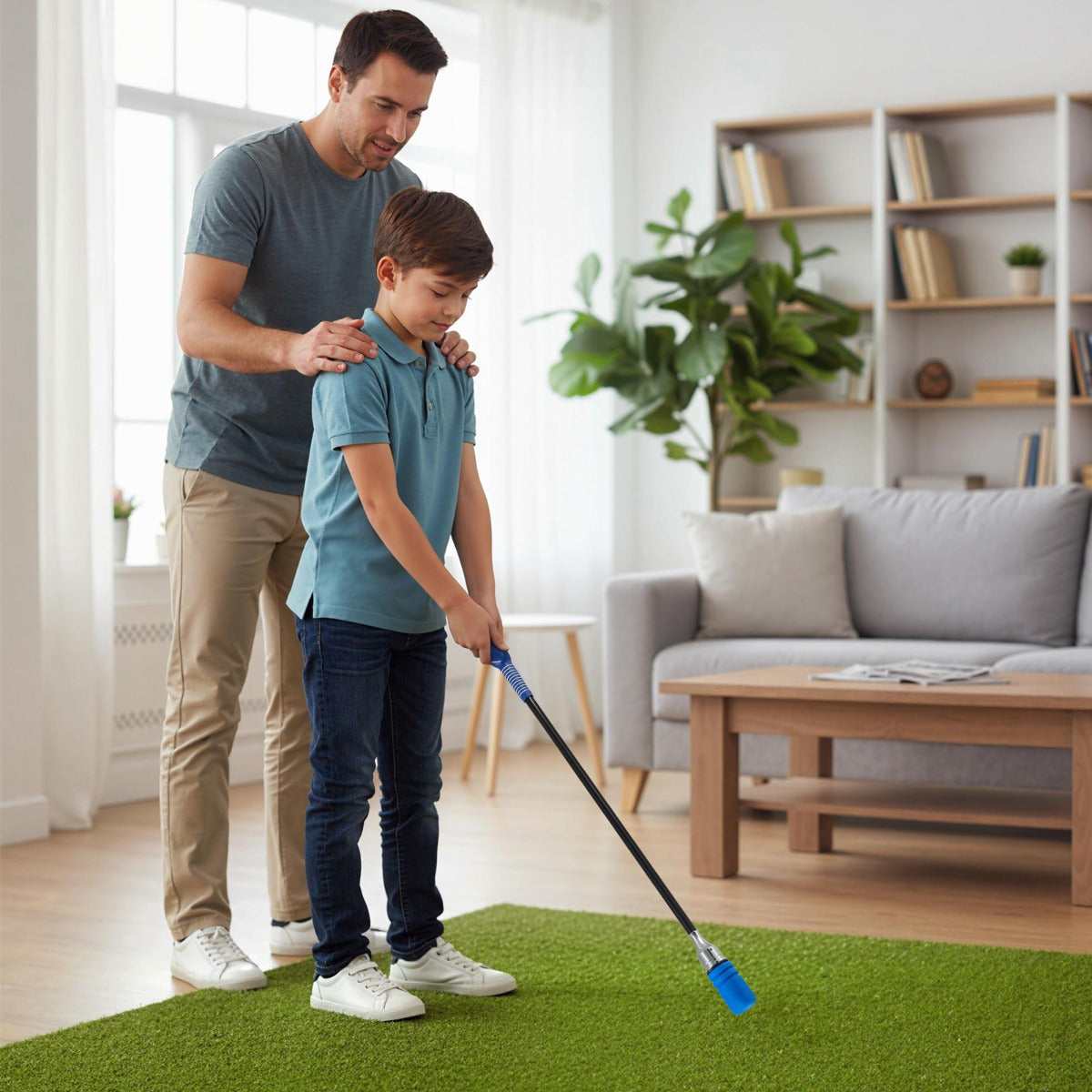 Father and son practicing golf swings indoors with the golf swing trainer on artificial grass