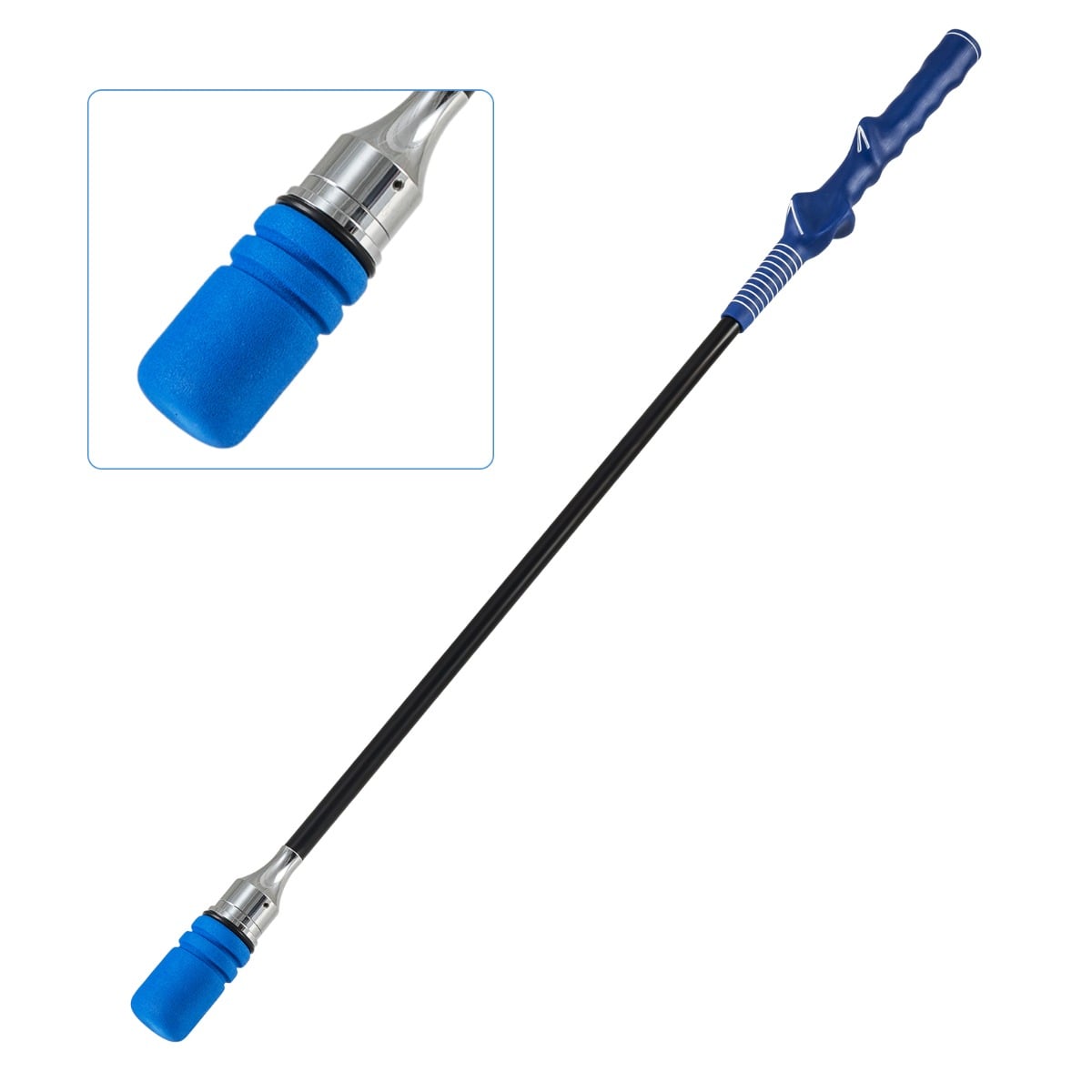 Golf Swing Trainer with click sound and weight, showing the grip and weighted end