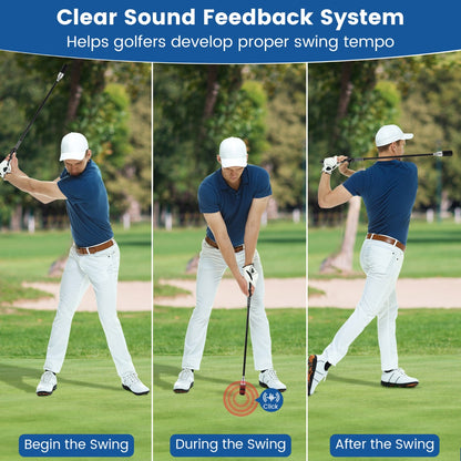 Three stages of a golf swing with the trainer, showing feedback system