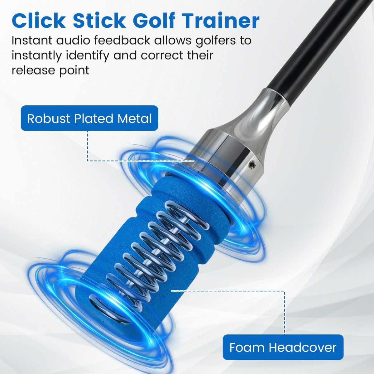 Close-up of the golf swing trainer's weighted end with a foam headcover and spring mechanism
