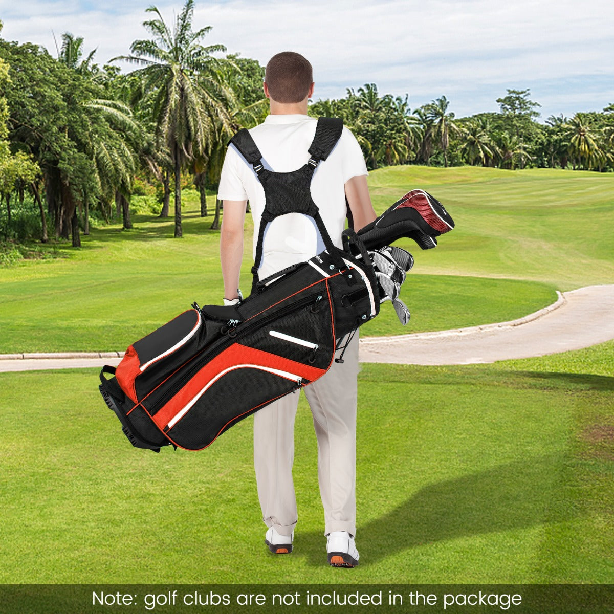 The golf stand bag is carried by a man on a golf course
