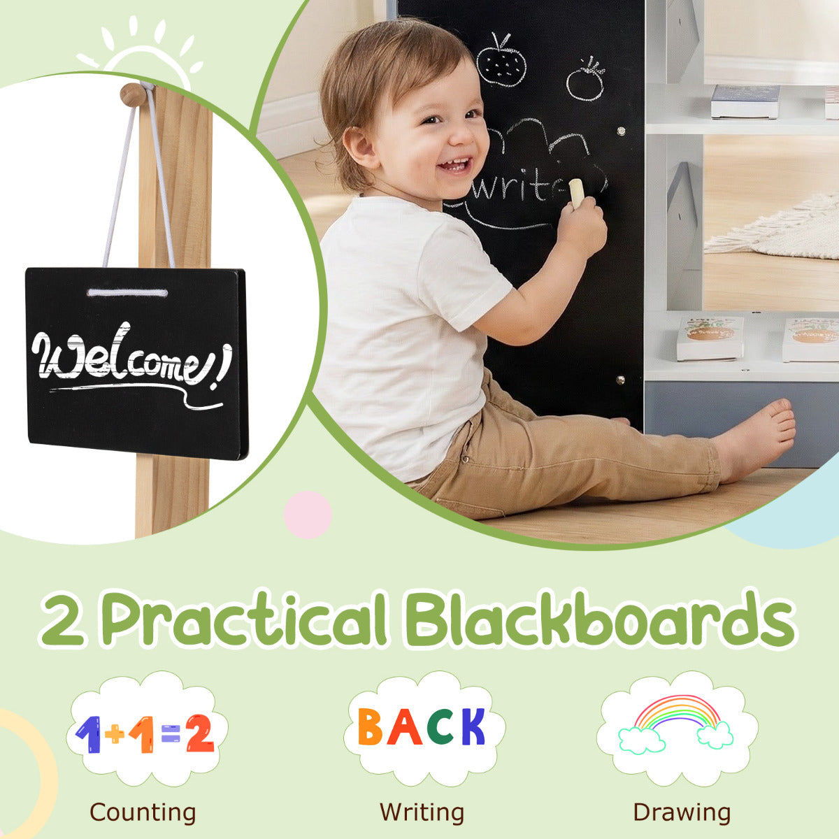 The play kitchen set highlighting the two blackboards for writing and drawing