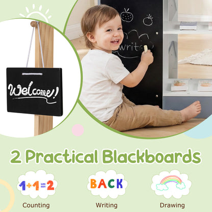 The play kitchen set highlighting the two blackboards for writing and drawing
