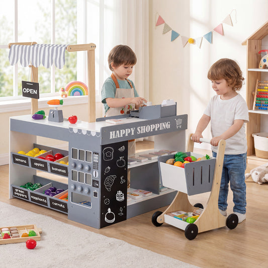 The play kitchen set with two children playing together in a bright living room setting