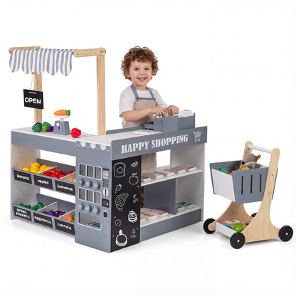 Grocery Wooden Pretend Play Supermarket with a child playing shopkeeper behind the counter