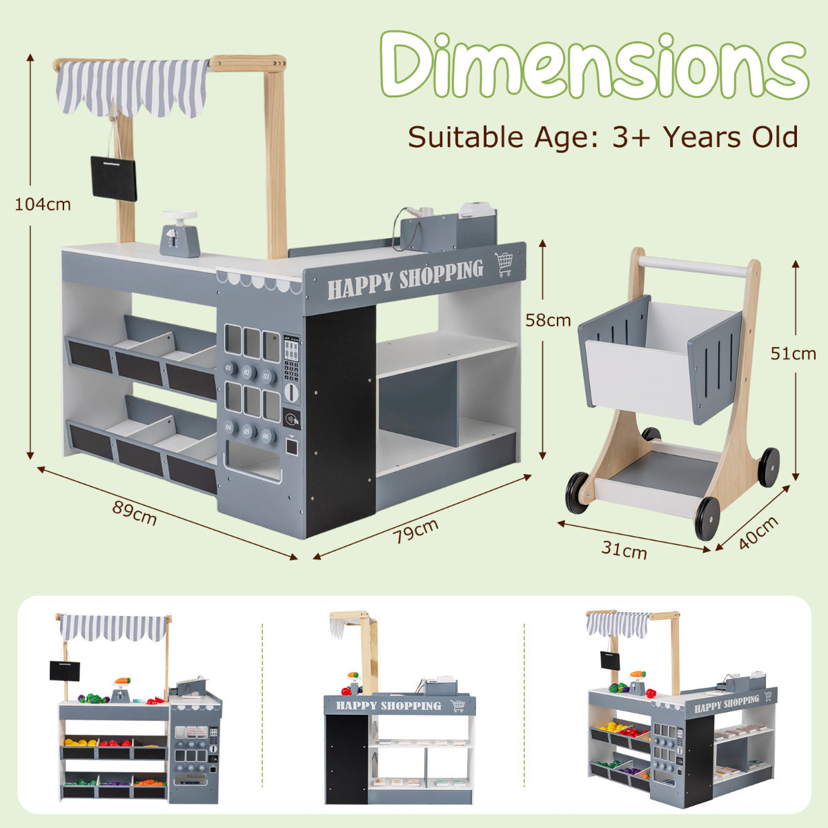 The play kitchen set showing height and width measurements with three different angles