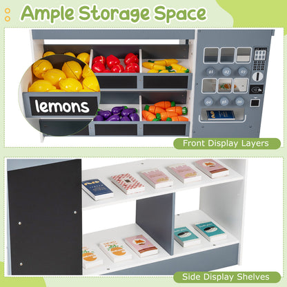 The play kitchen set showing the front display bins and side storage shelves
