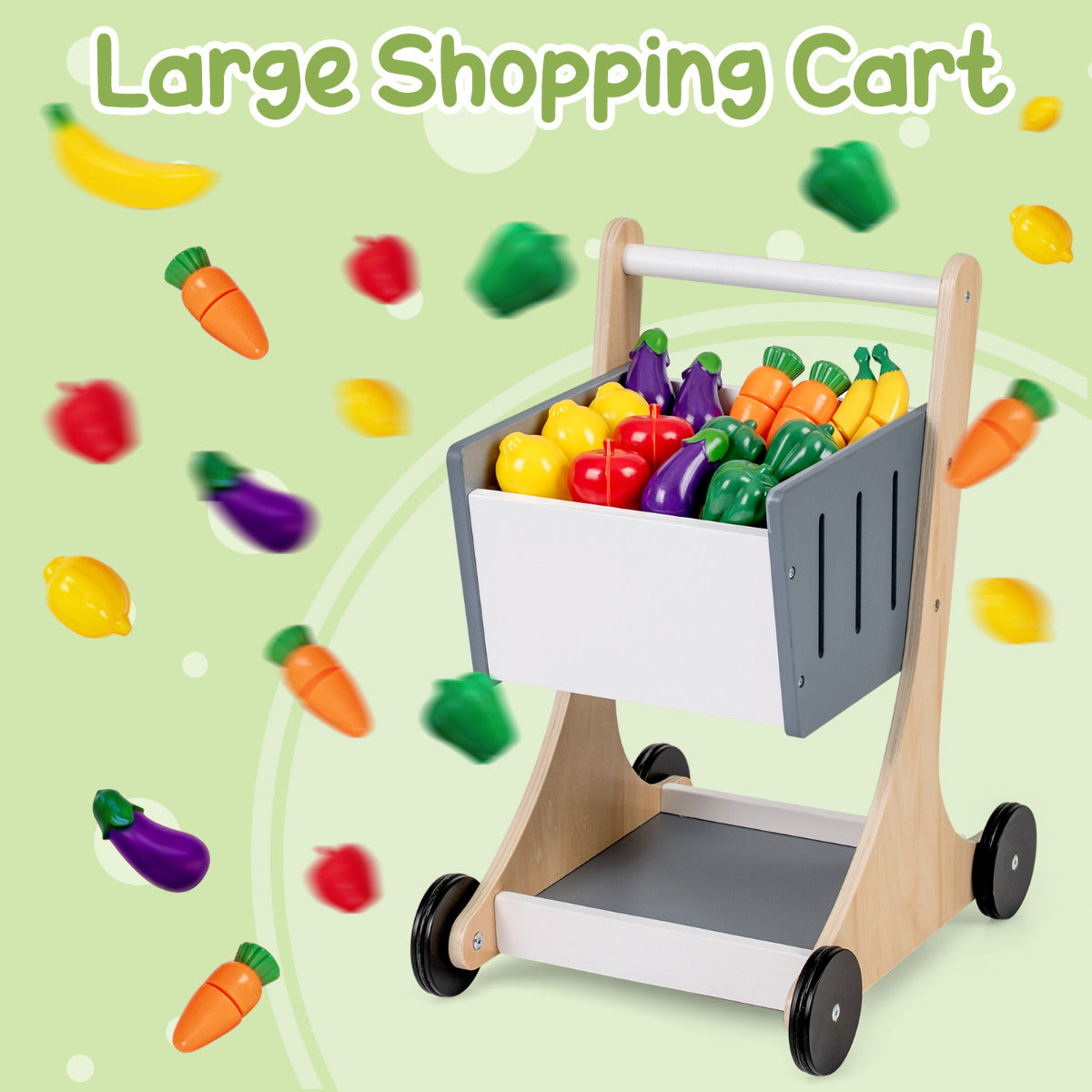 The shopping cart filled with assorted wooden toy fruits and vegetables