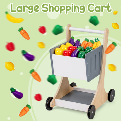 The shopping cart filled with assorted wooden toy fruits and vegetables