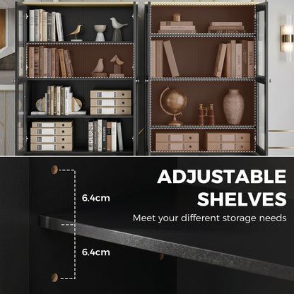 HOMCOM Modern Bookcase Display Storage Unit with Glass Doors Adjustable Shelves, Black