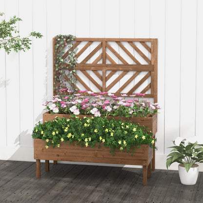 2-Tier Raised Garden Bed with Trellis and Drainage Hole-Brown