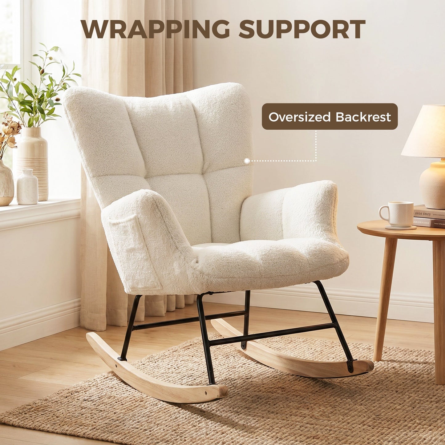 HOMCOM Rocking Chair, Teddy Fleece Rocker Chair with Tufted Wingback, Side Pockets, Rubber Wood Legs, Cream White