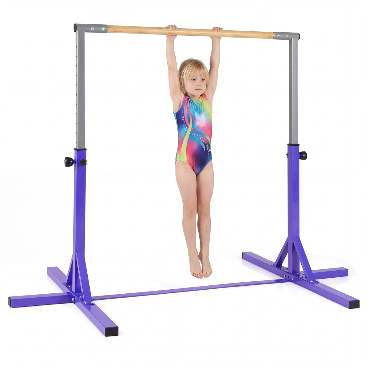 The yoga accessory featuring a young girl hanging straight down from the wooden horizontal bar