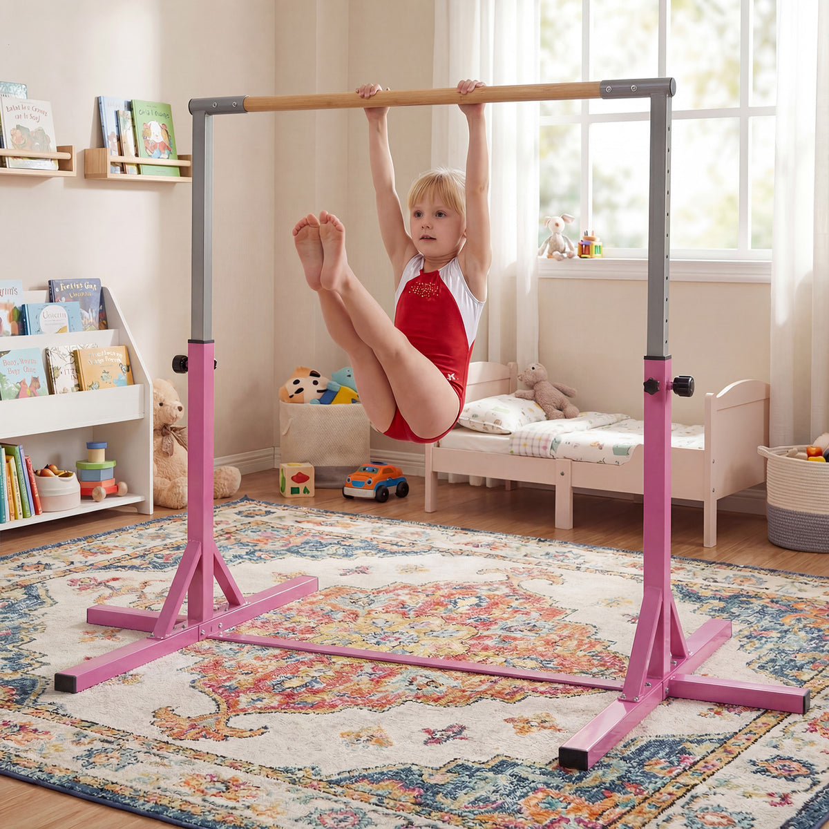 The pink gymnastics bar with a young girl performing a leg raise