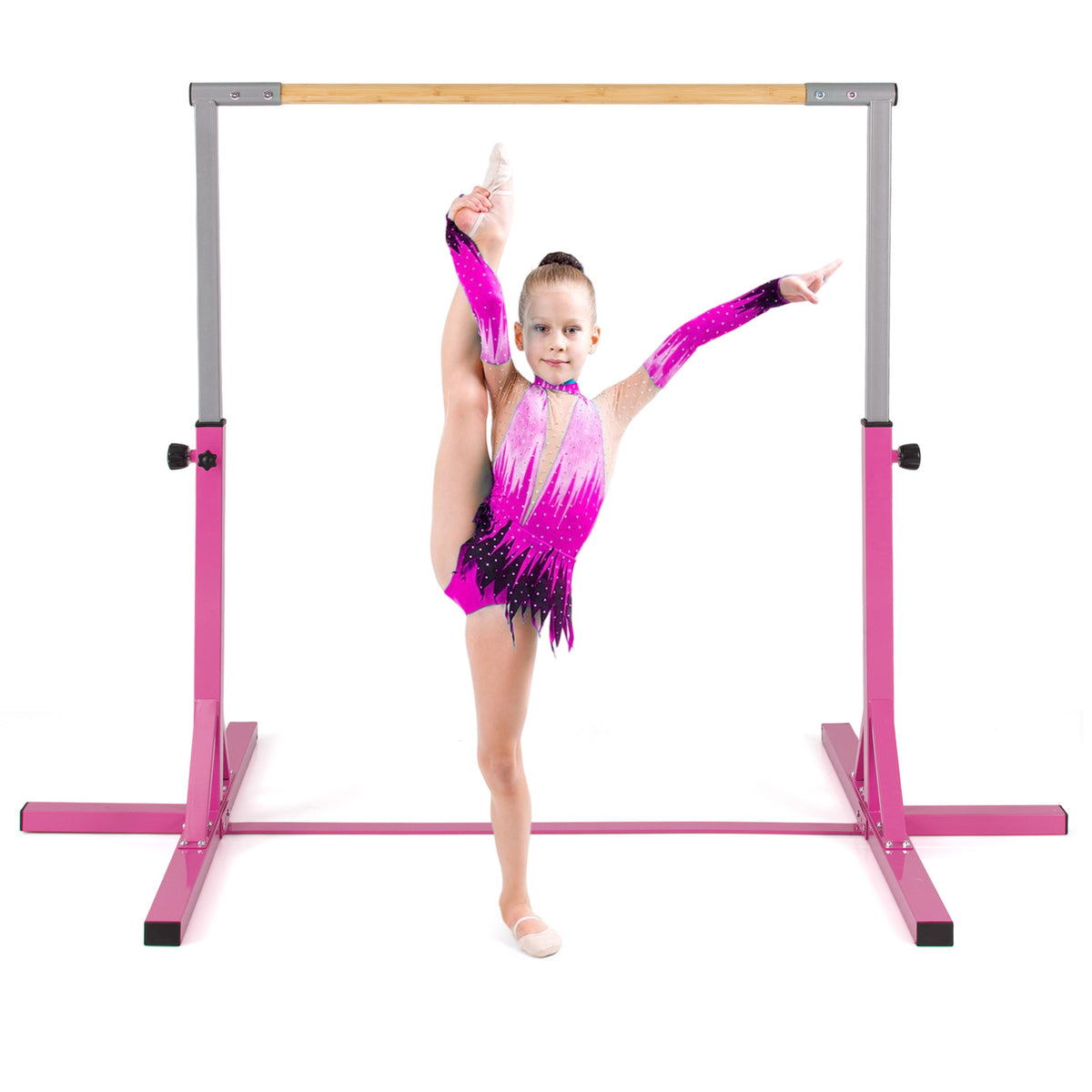 The pink gymnastics bar with a girl in a split pose