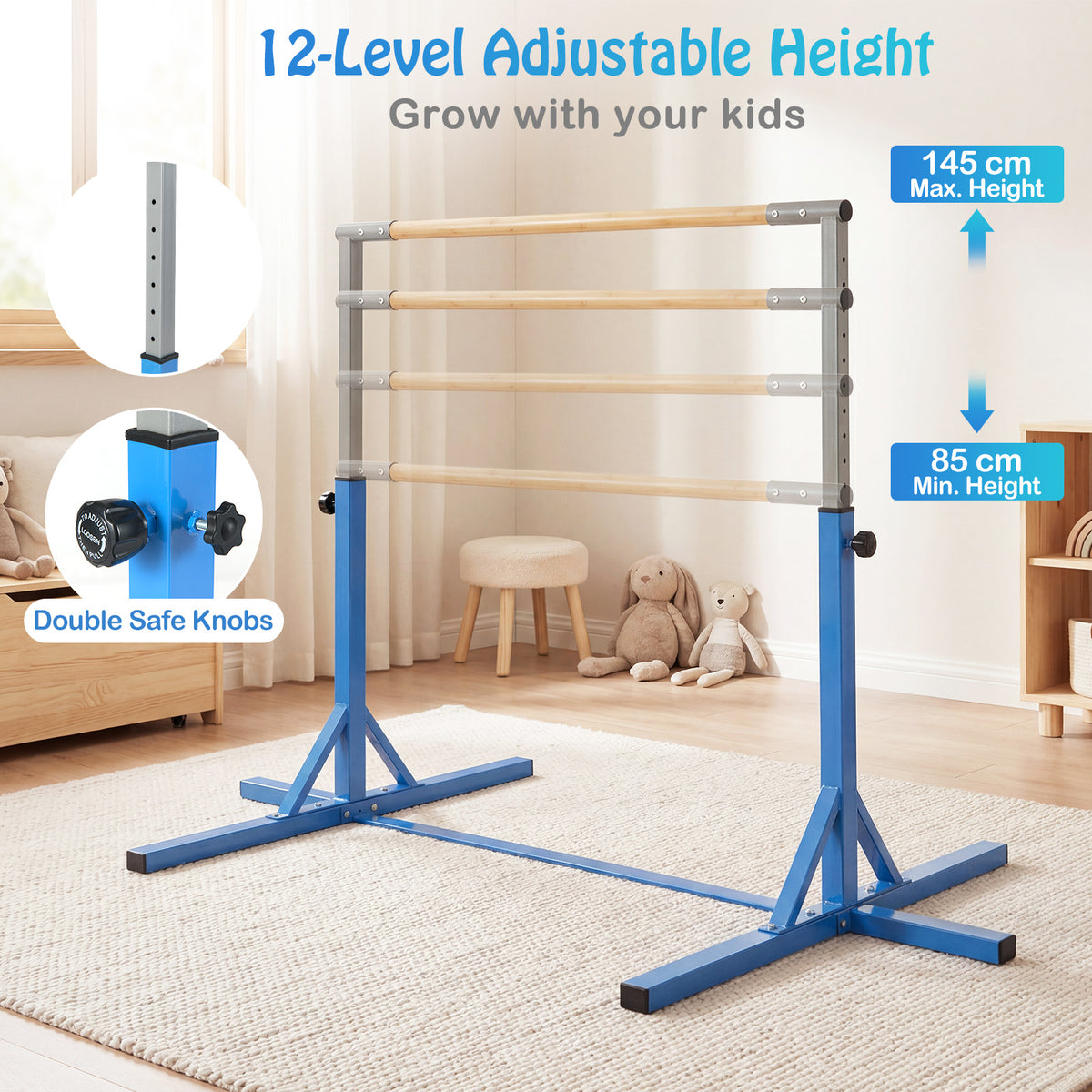 Illustration of the adjustable height feature of the gymnastics bar