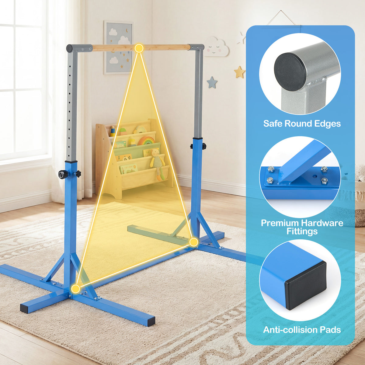 Close-up of the gymnastics bar showing safety features