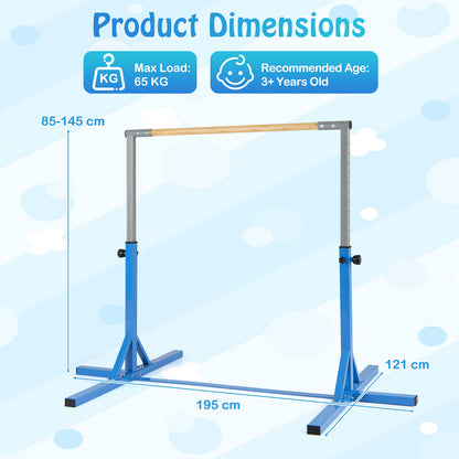 Diagram showing the dimensions of the adjustable gymnastics bar