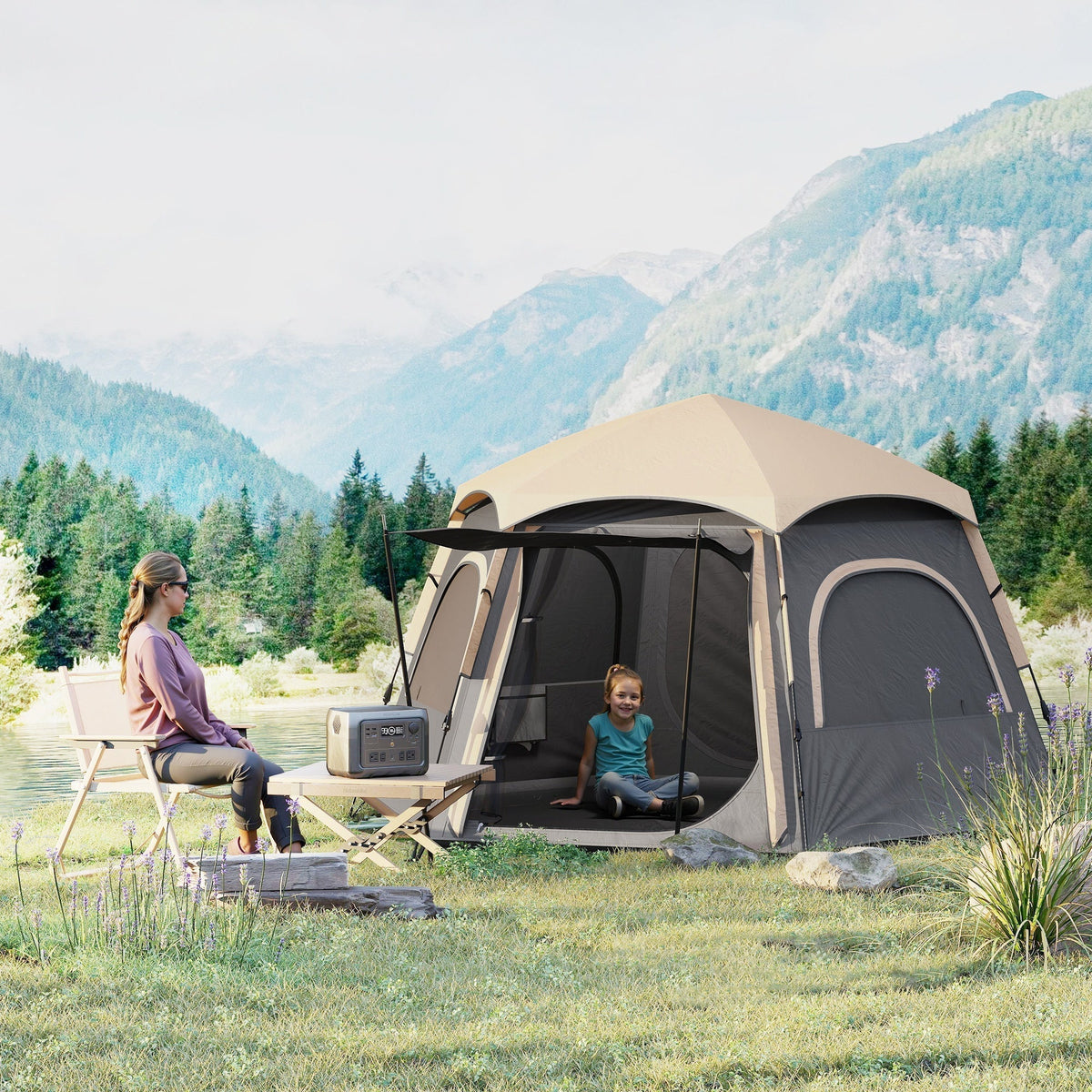 Outsunny Instant Pop Up Camping Tent, 2/3/4 Person Easy Setup Dome Family Tent with Vestibule, Rainfly, 4 Mesh Windows & 2 Doors, Hexagonal Design, Waterproof & UV Protected, Dark Grey