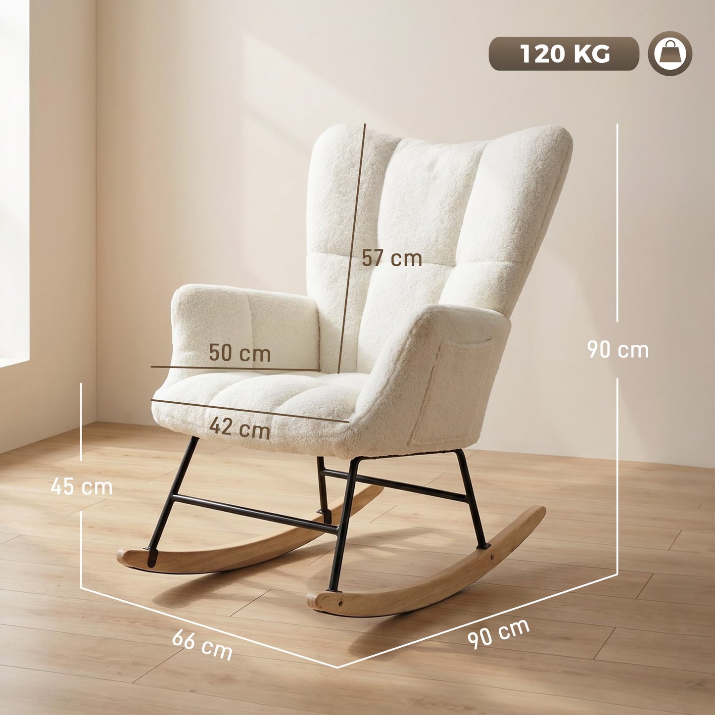 HOMCOM Rocking Chair, Teddy Fleece Rocker Chair with Tufted Wingback, Side Pockets, Rubber Wood Legs, Cream White