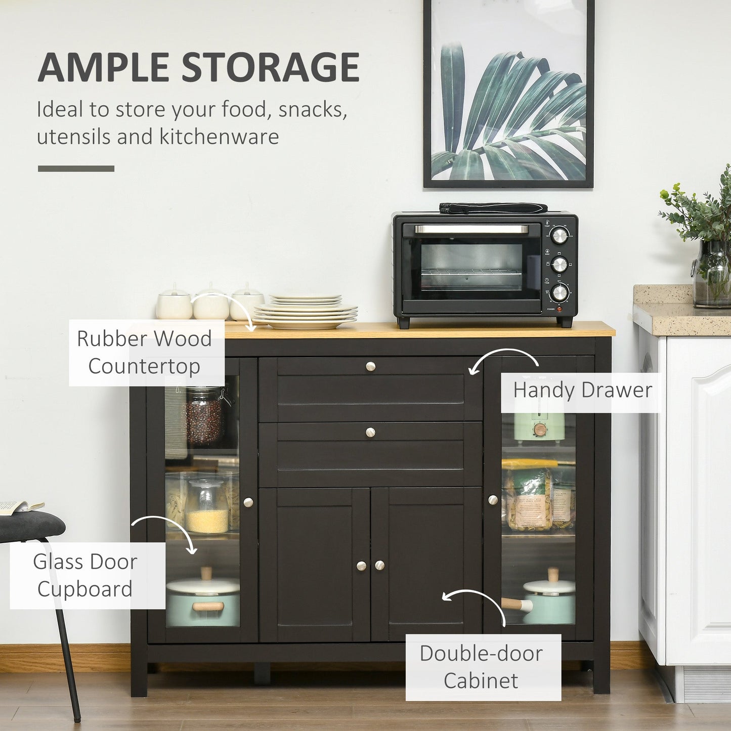 HOMCOM Modern Storage Cabinet, Sideboard with Oak Top, 4 Doors, 2 Drawers and 5 Adjustable Shelves, Black Brown