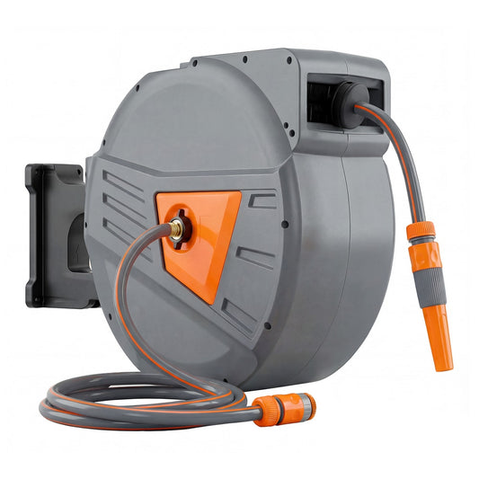Outsunny Retractable Hose Reel Wall Mounted, 40+2m Garden Hose Pipe Reel with Auto Retraction, Self-Locking, Orange
