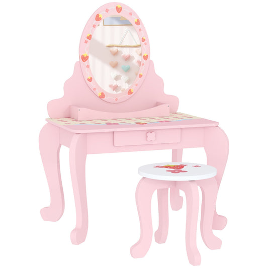 AIYAPLAY Kids Dressing Table Set, Vanity Table with Stool, Mirror, Drawer, Desktop, Storage, Strawberry-Theme, Pink